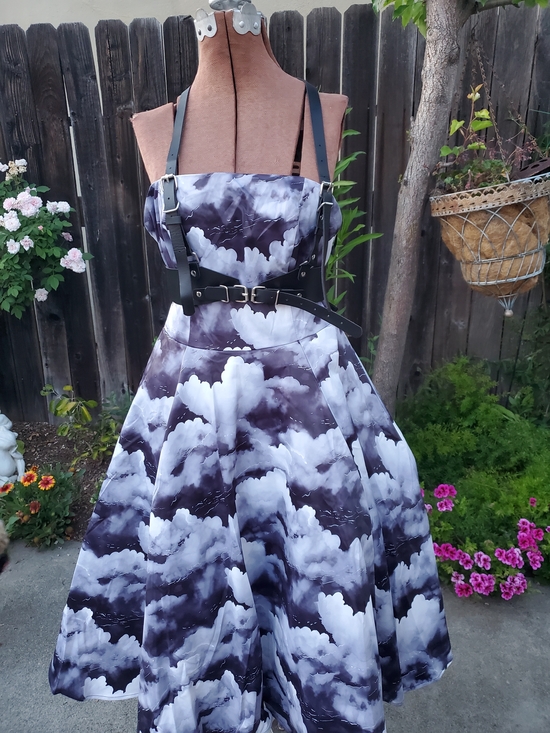 weasel wear Dresses & Skirts - Weasel Wear Cloud-Pattern Strapless Fit-and-Flare Dress with Black Harness